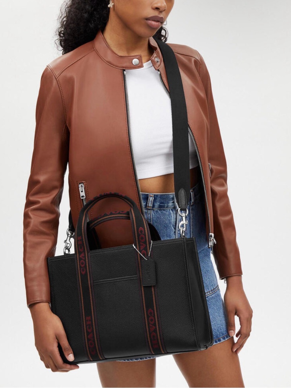 Coach Black Pebbled Leather Tote with Branded Webbing Straps